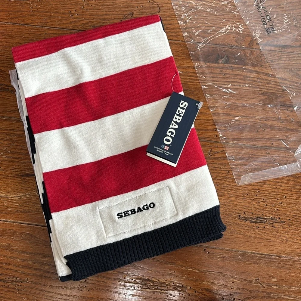 Sebago Block Stripe Scarf NWT Red White Navy Blue Cotton Knit Nautical Coastal